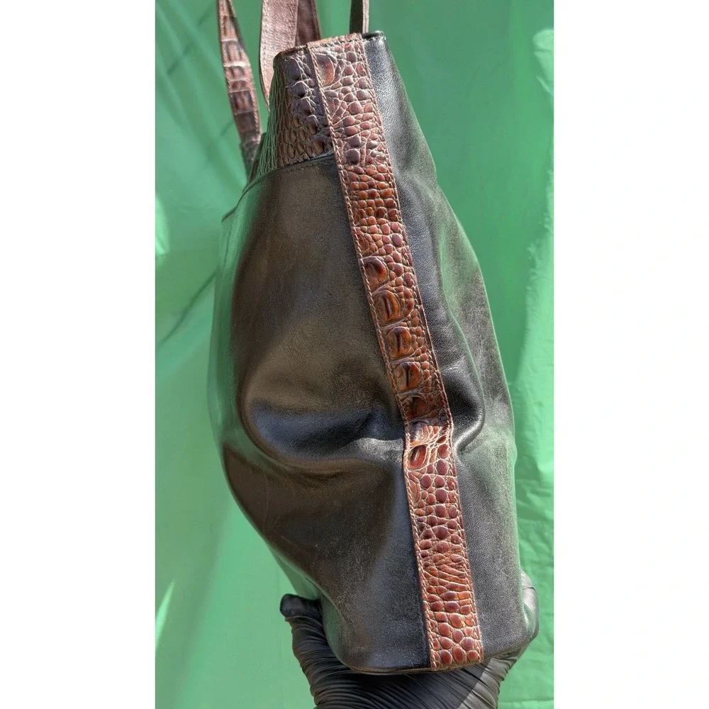 Brahmin Black‎ Brown Leather Tote Bag Croc Embossed Shoulder Purse